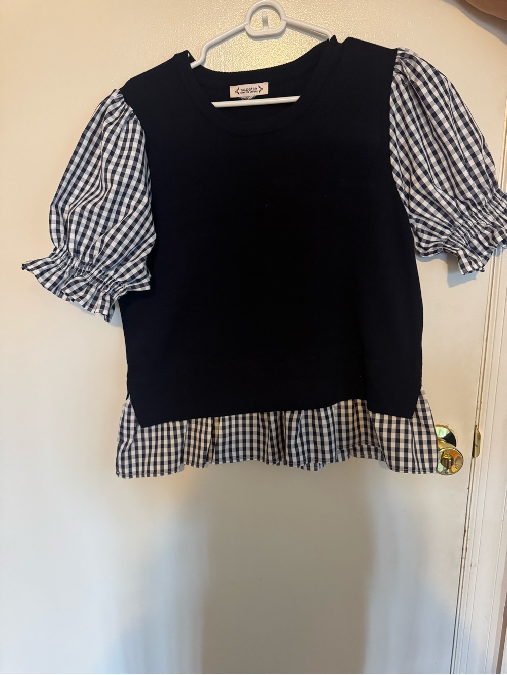 Nanette Lepore Navy Knit Top with Blue Gingham Puff Sleeves